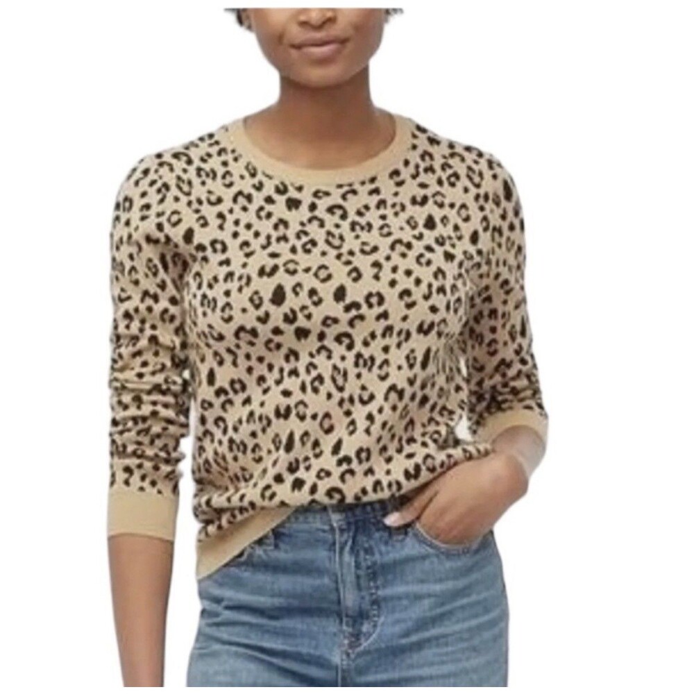 J. Crew Women’s Sweater Size M Leopard Print Tan Black Crewneck Knit 100% Cotton